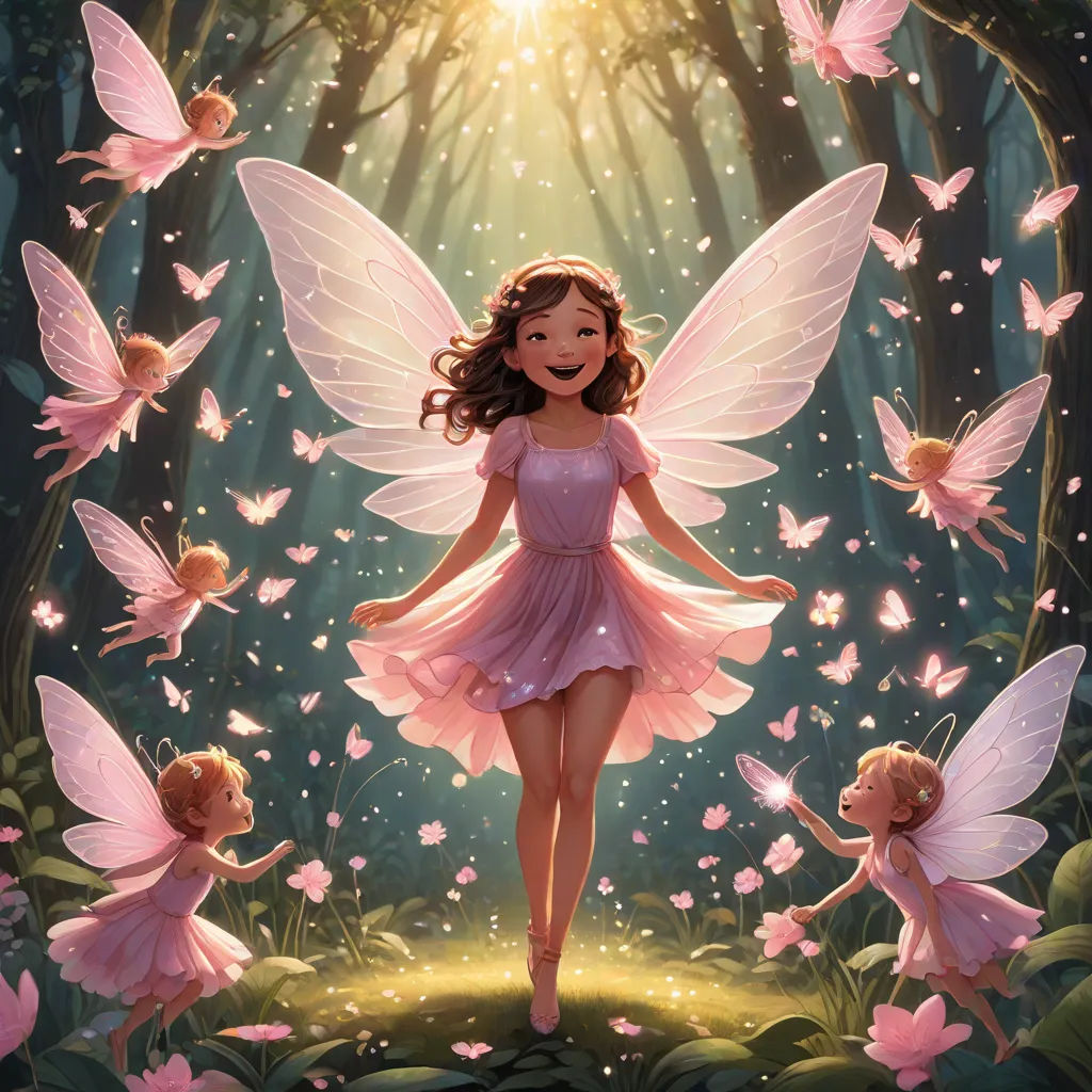 a painting of a fairy with her pink dress and pink wings and pink flowers surrounding her, and a forest with pink flowers and butterflies, Cliff Childs, fantasy art, a storybook illustration, rossdraws global illumination