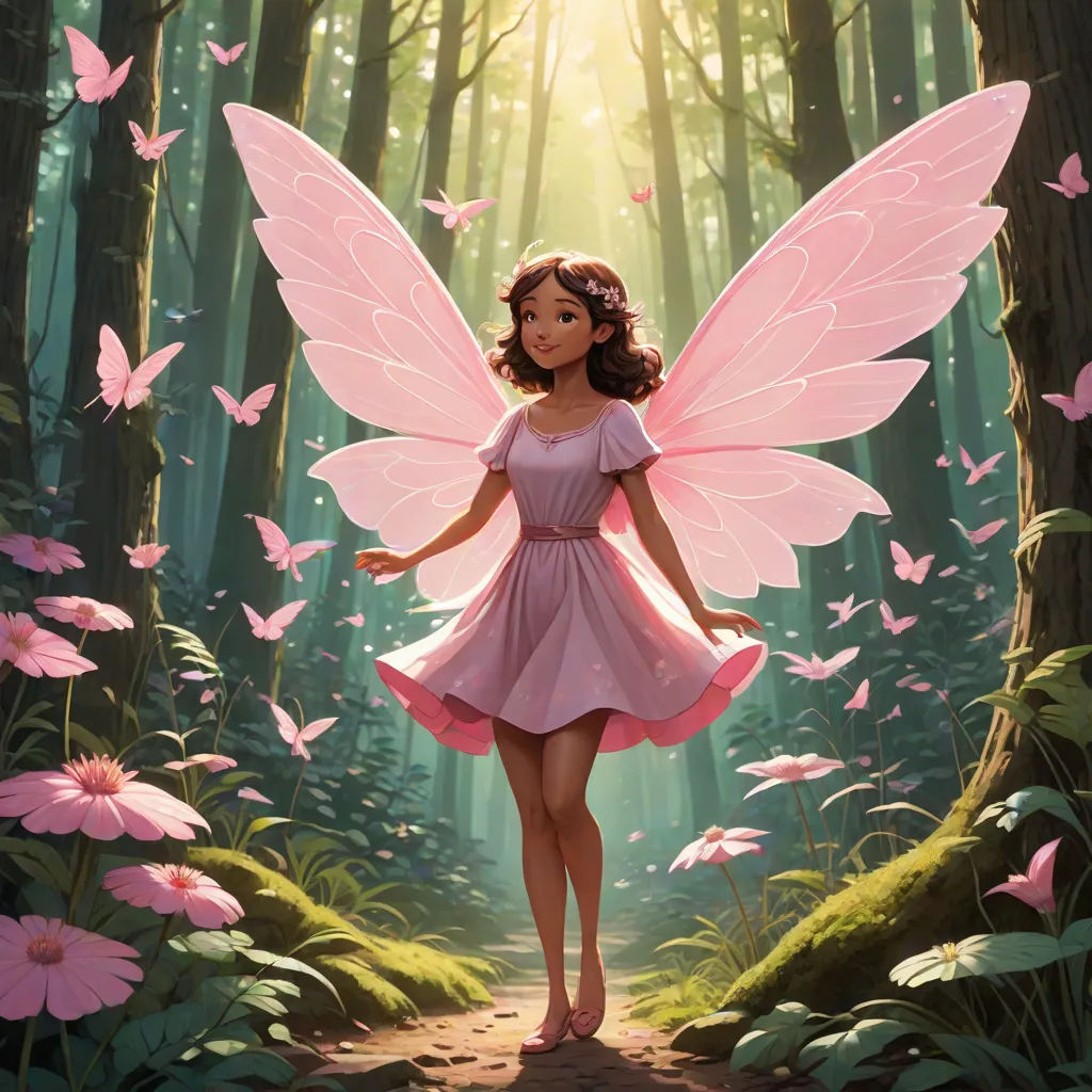 a fairy with pink wings and pink dress in a forest with pink flowers and butterflies around her, and a path leading to a forest with pink flowers, Clint Cearley, fantasy art, a storybook illustration, magic the gathering artwork