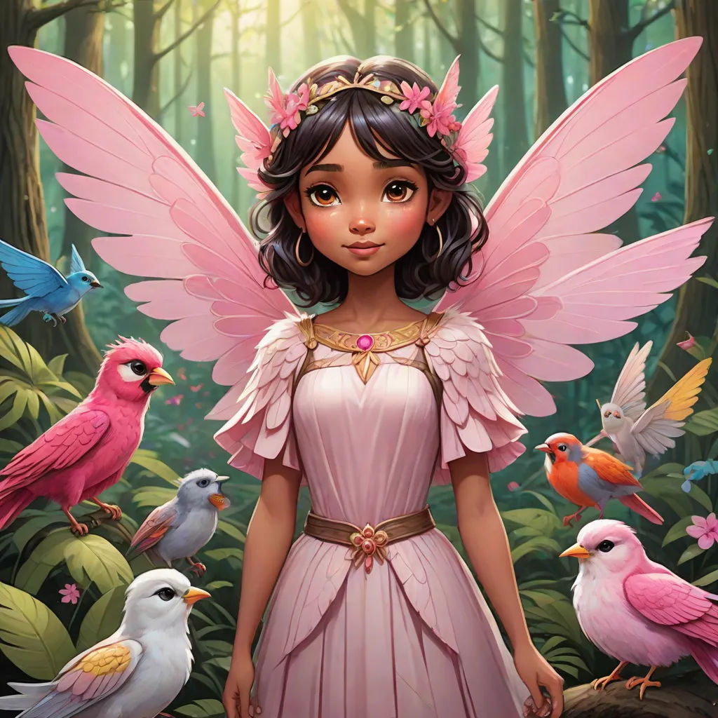 a painting of a girl in a pink dress surrounded by birds and birds in the woods, with a forest background, Cliff Childs, fantasy art, a storybook illustration, rossdraws global illumination
