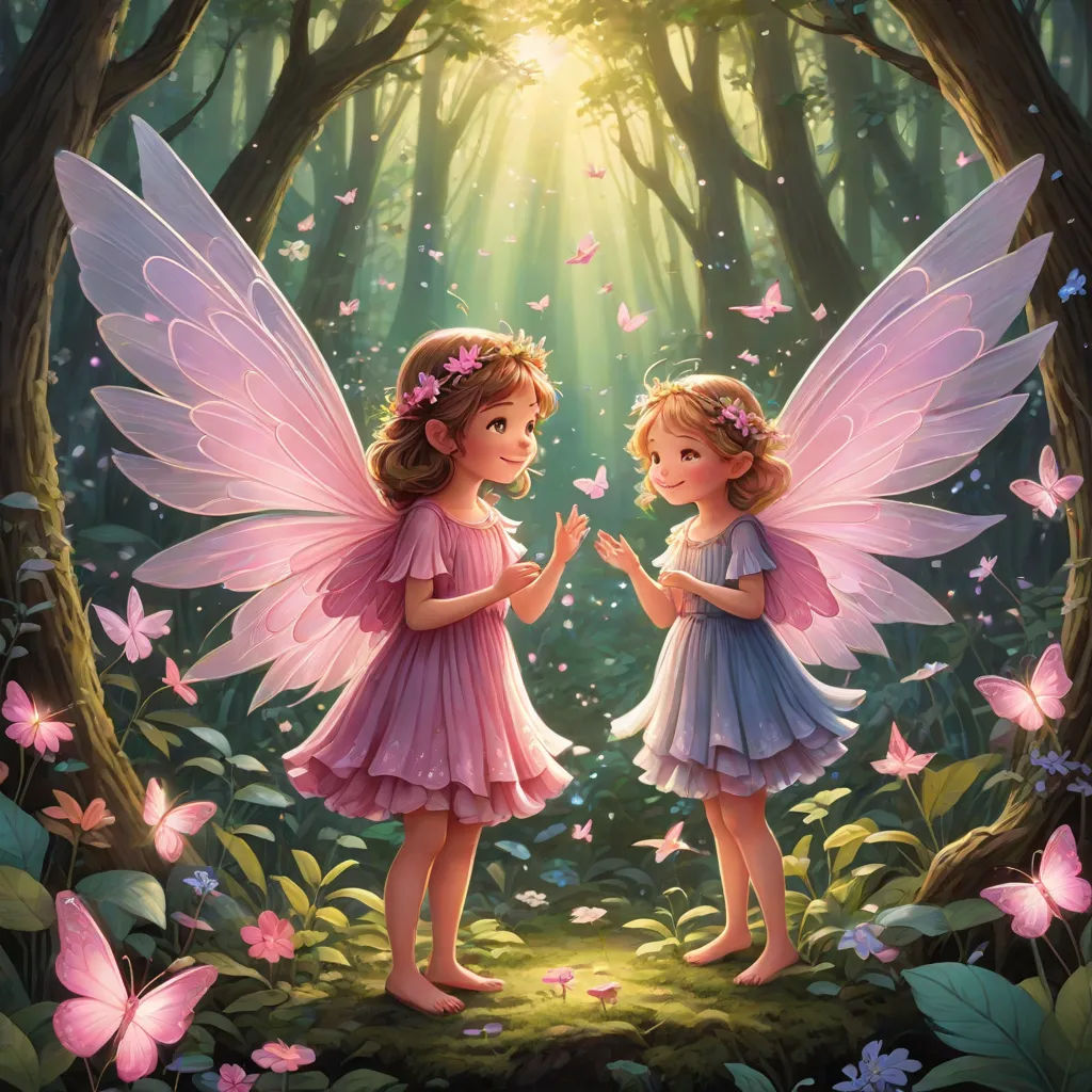 two little girls dressed in pink and blue standing in a forest with butterflies around them and a light shining through the trees, Anne Stokes, fantasy art, a storybook illustration, rossdraws global illumination