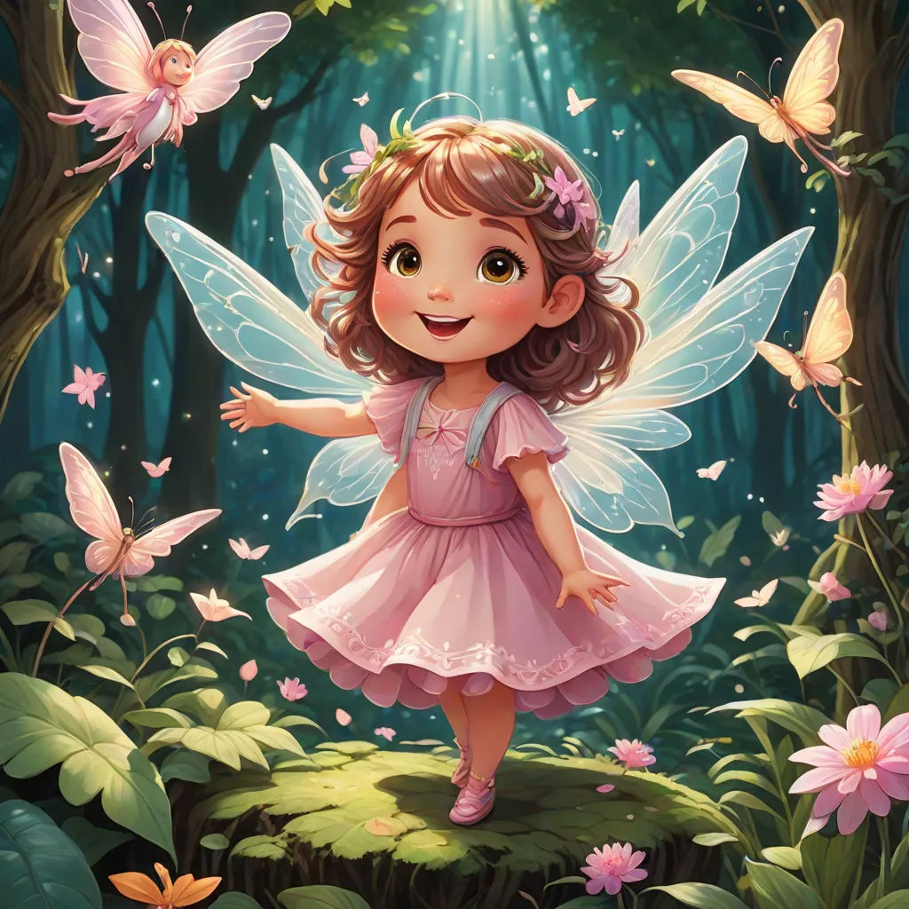 a little girl dressed in pink is standing in the woods with butterflies around her and smiling at the camera, Chris Rallis, fantasy art, a storybook illustration, storybook illustration