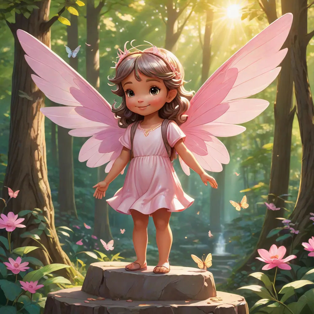 a little girl dressed in pink standing on a rock in a forest with pink flowers and butterflies around her, Chris Rallis, fantasy art, a storybook illustration, rossdraws global illumination