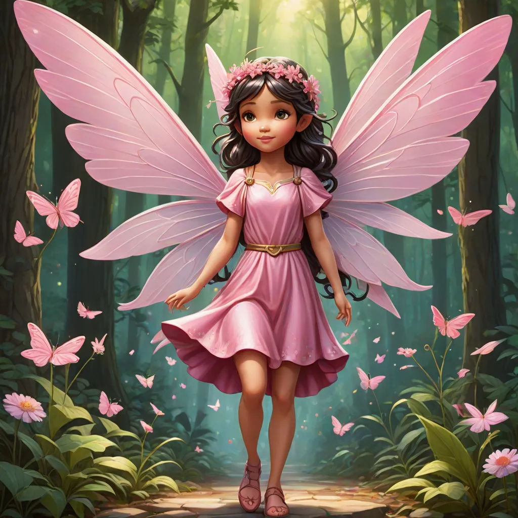 a fairy with pink wings and a pink dress in a forest with pink flowers and butterflies on her head, Anne Stokes, fantasy art, a storybook illustration, kinkade