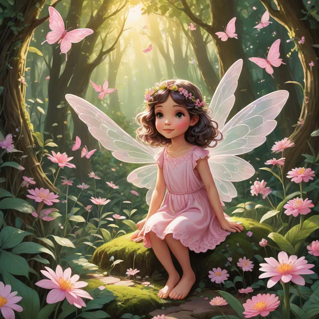 a little girl sitting on a rock in a forest with pink flowers and butterflies around her, with a fairy like outfit, Anne Stokes, fantasy art, a storybook illustration, kinkade