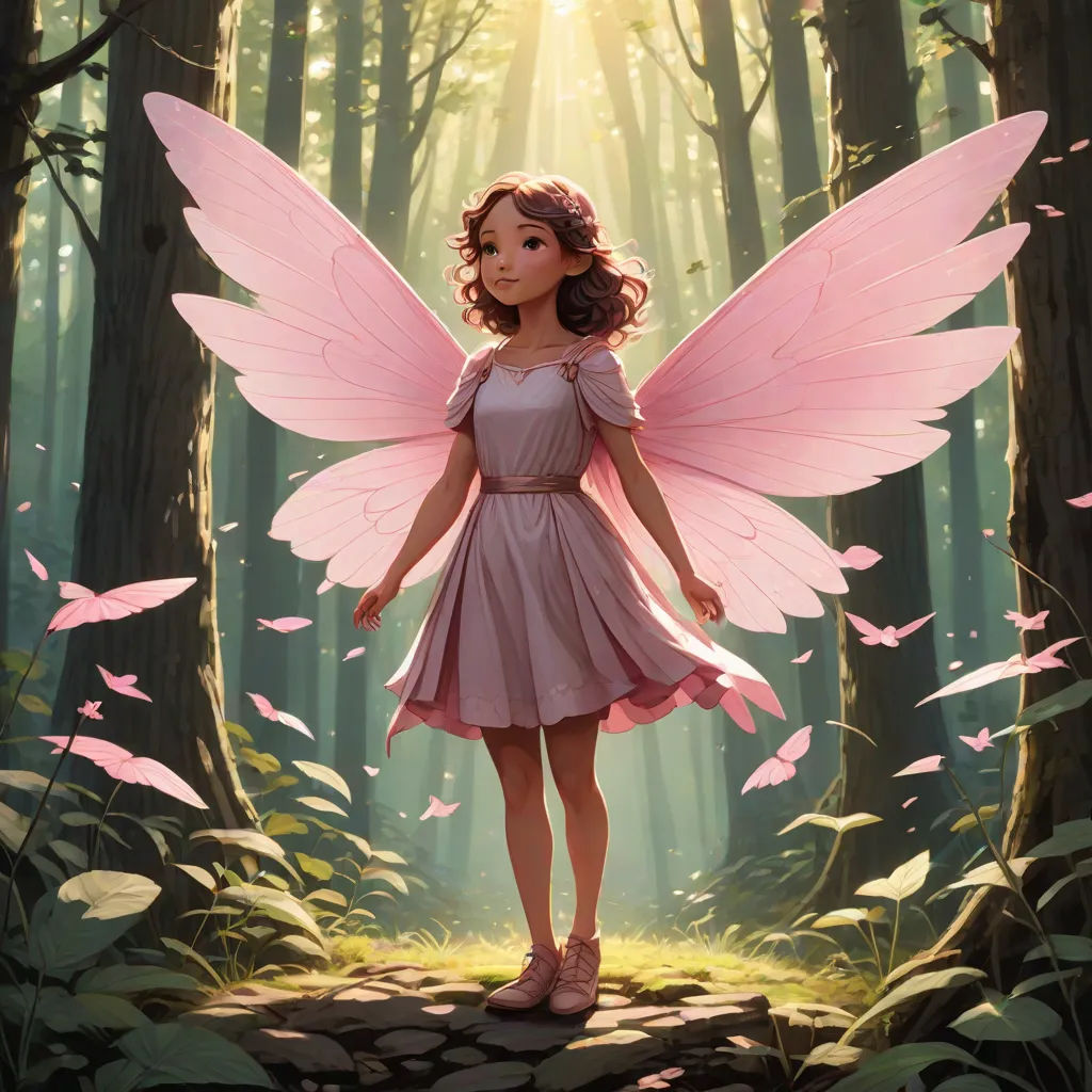 a fairy with pink wings standing in a forest with butterflies around her and a sunbeam in the background, Clint Cearley, fantasy art, a storybook illustration, rossdraws global illumination