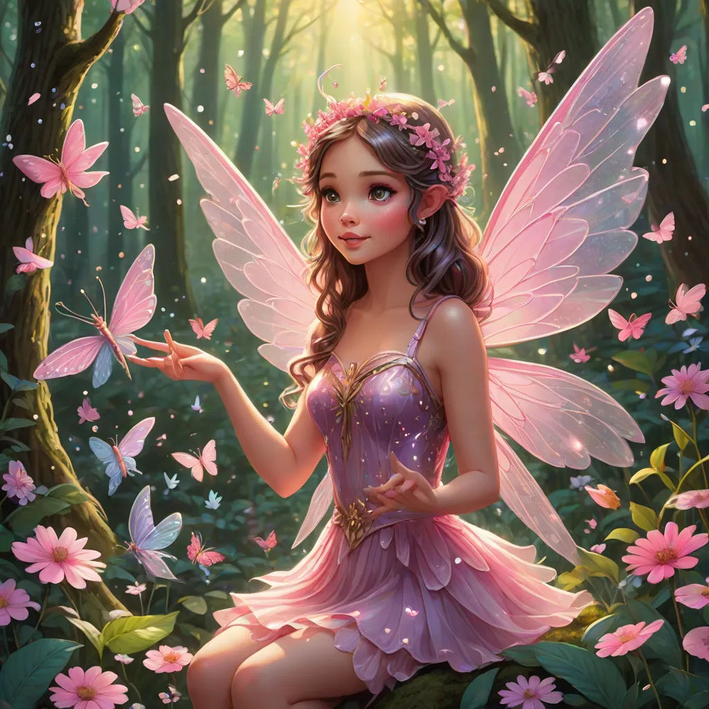 a fairy sitting on a rock in a forest with butterflies around her and a butterfly in her hand,, Anne Stokes, fantasy art, a detailed painting, rossdraws global illumination