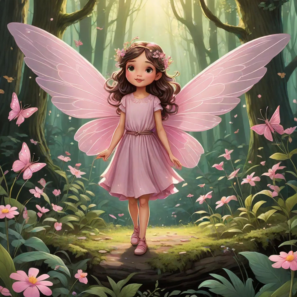 a little girl dressed in pink is standing in the woods with a pink butterfly on her wings and a pink dress, Anne Stokes, fantasy art, a storybook illustration, kinkade