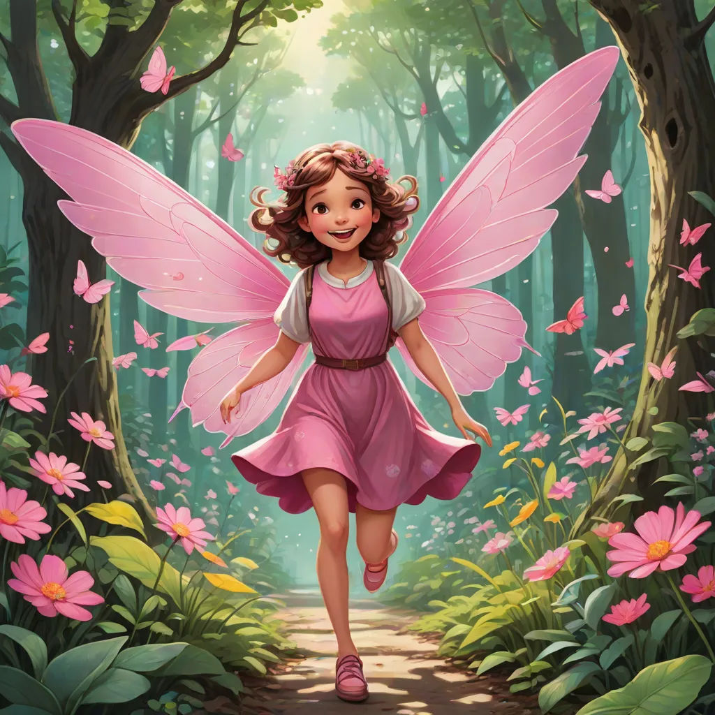 a fairy with pink wings and a pink dress is walking through a forest with pink flowers and pink daisies, Alice Prin, fantasy art, a storybook illustration, official art