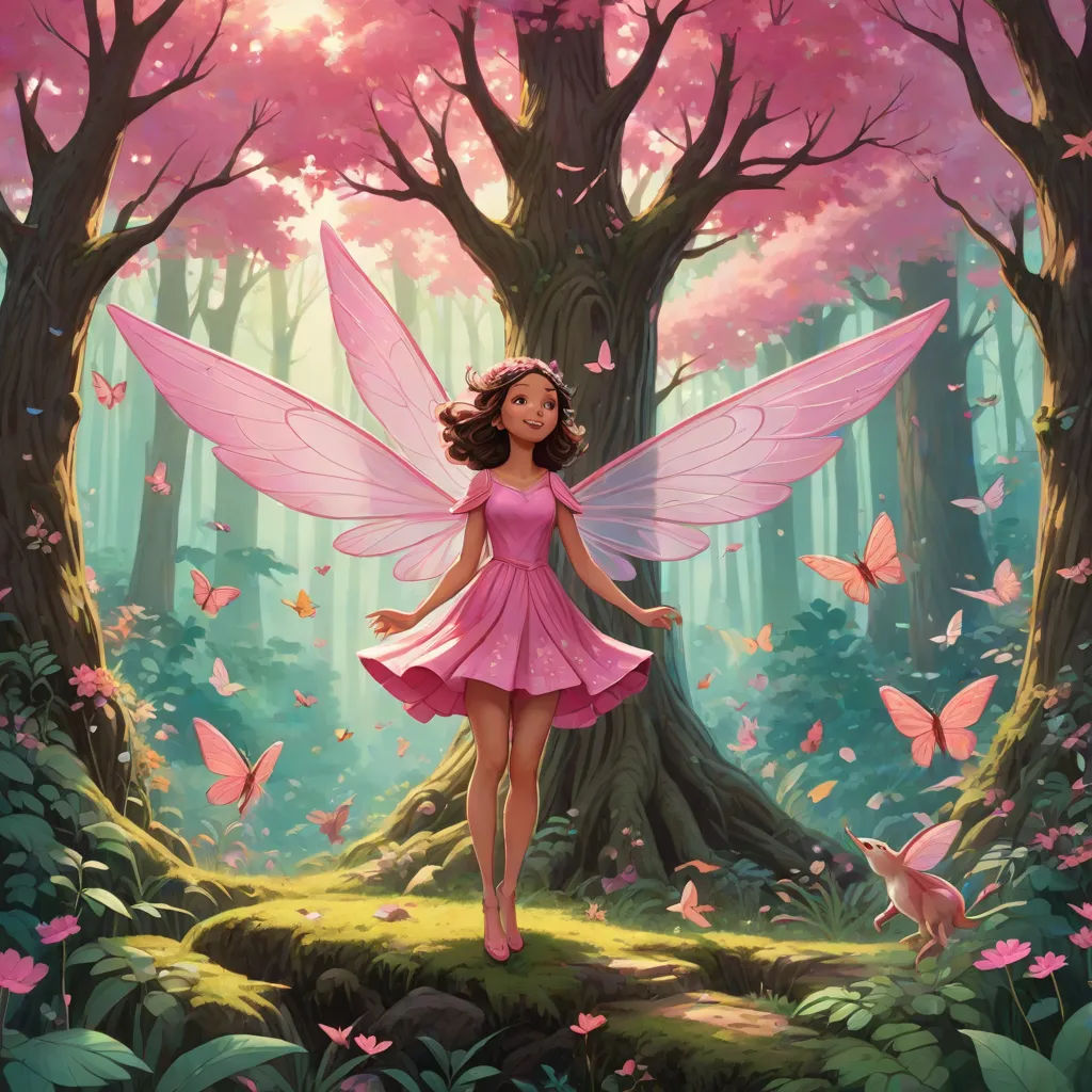 a painting of a fairy with pink wings in a forest with pink flowers and butterflies around her, and a tree with pink leaves, Daphne McClure, fantasy art, a storybook illustration, kinkade