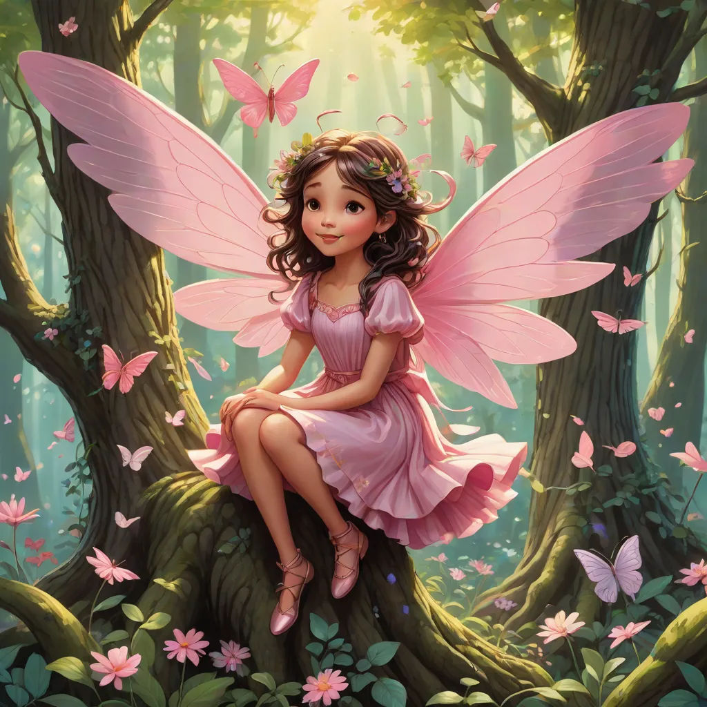 a fairy sitting on a tree branch in a forest with butterflies around her and a pink dress on her, Drew Struzan, fantasy art, a storybook illustration, kinkade