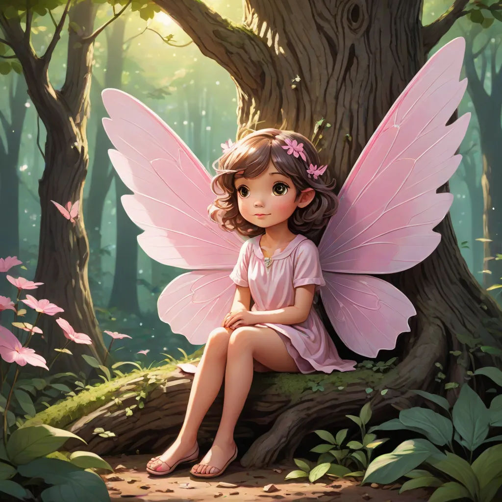 a little girl sitting on a tree stump with a pink fairy wings on her back and a pink dress on, Cliff Childs, fantasy art, a storybook illustration, rossdraws global illumination