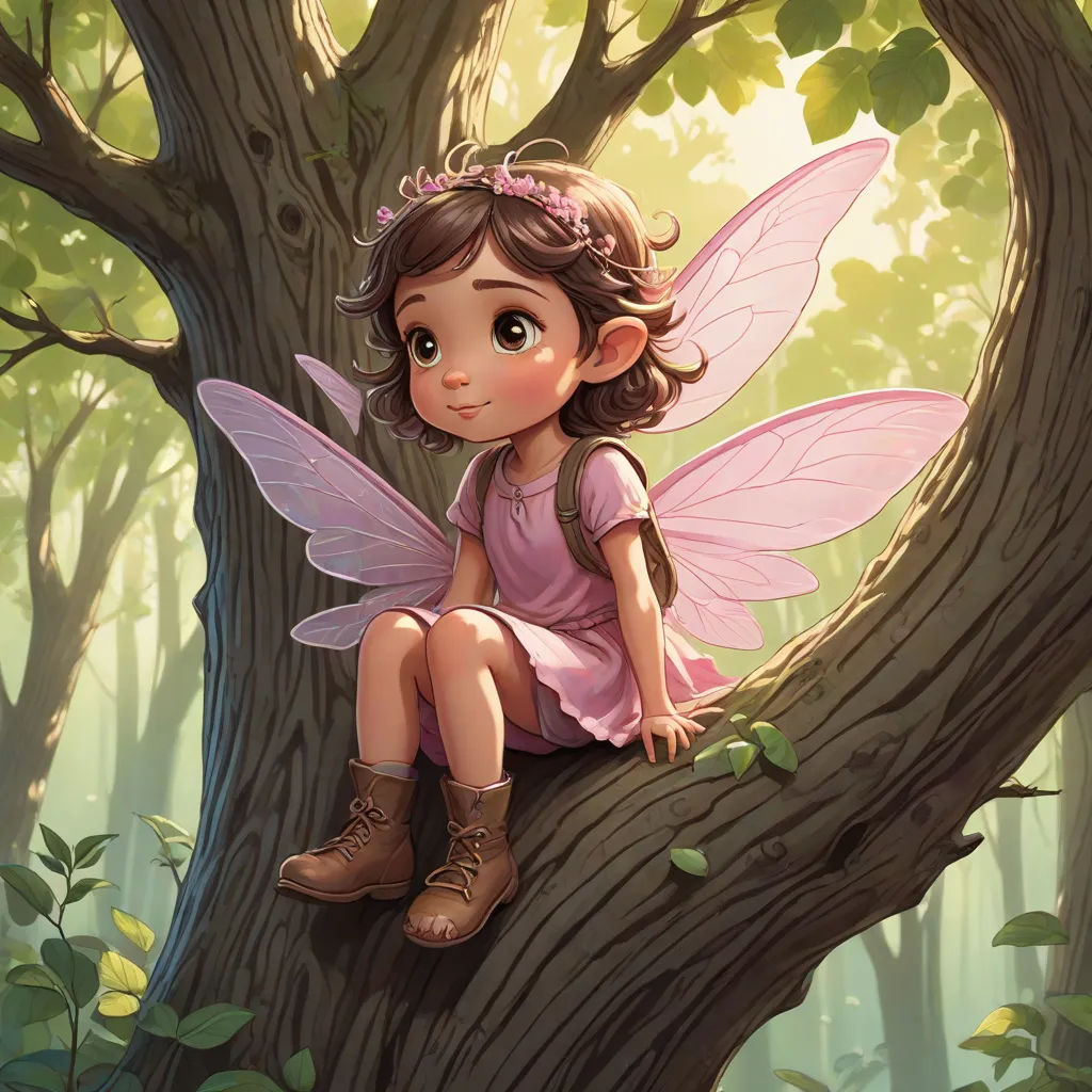 a little girl sitting on a tree branch with a pink dress and pink wings on her head and a pink dress on her body, Chris Rallis, fantasy art, a storybook illustration, storybook illustration