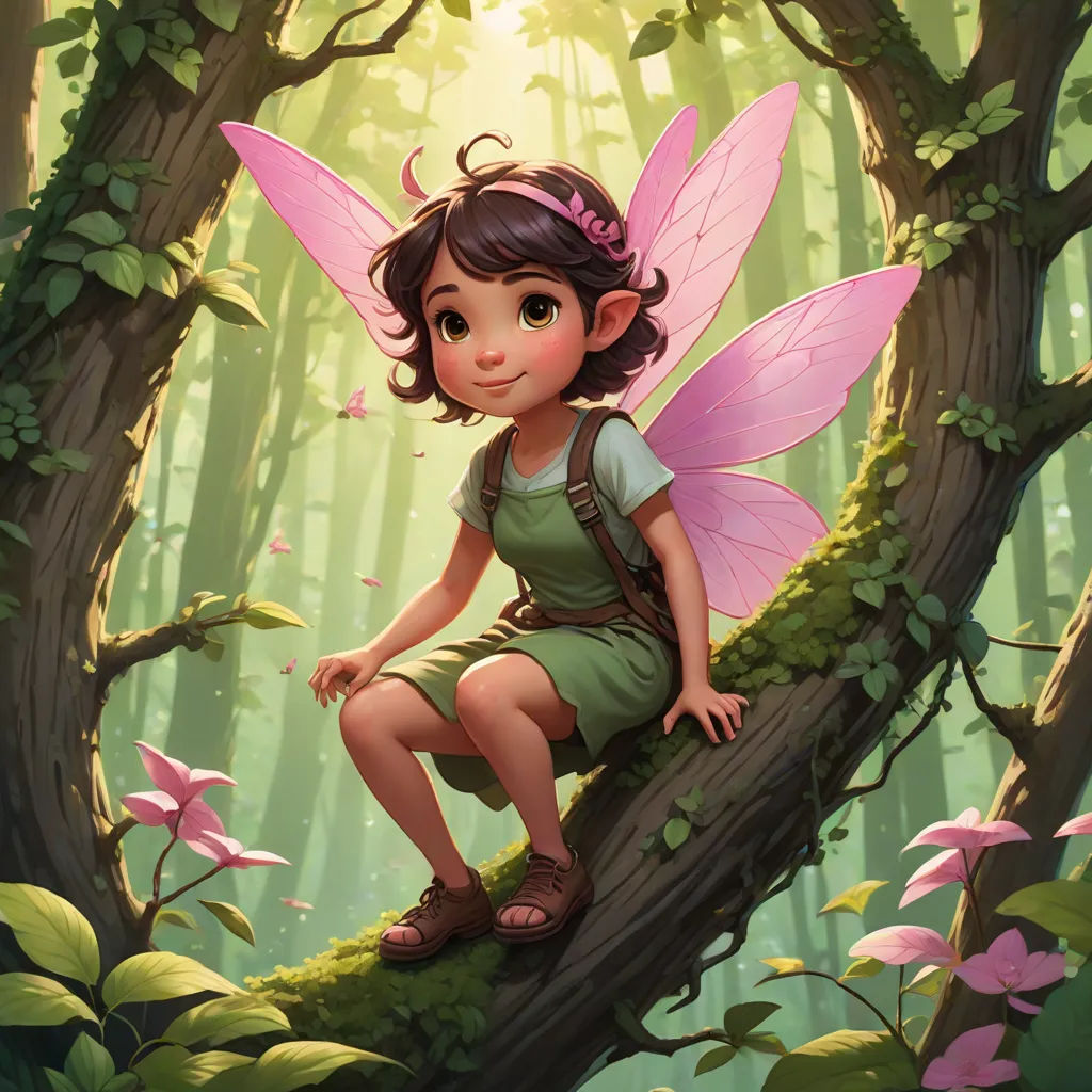 a little girl sitting on a tree branch in the woods with a pink flower in her hair and a green dress, Clint Cearley, fantasy art, a storybook illustration, rossdraws global illumination