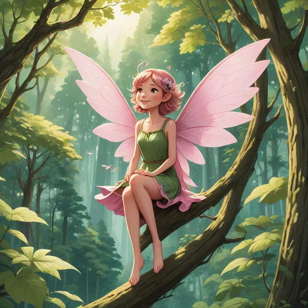 a fairy sitting on a branch in a forest with a pink flower in her hair and a green dress, Cliff Childs, fantasy art, a storybook illustration, rossdraws global illumination