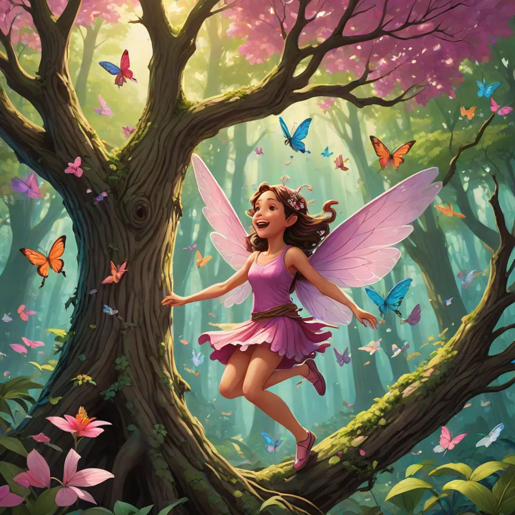a fairy with a pink dress and purple wings is flying through a forest with butterflies and a tree trunk, Drew Struzan, fantasy art, a storybook illustration, rossdraws global illumination