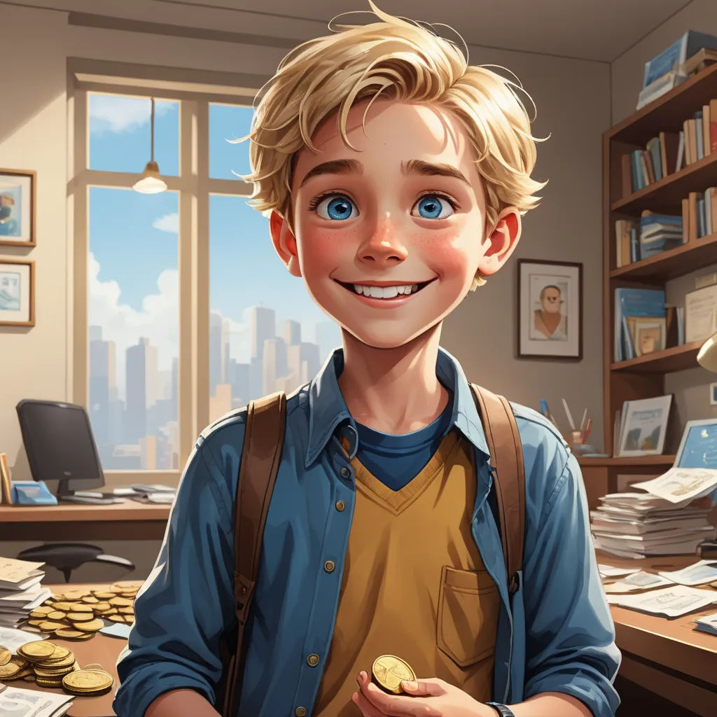 a boy is holding a cookie in his hand and smiling at the camera in front of a desk with stacks of books, sots art, a character portrait, Alejandro Burdisio, kinkade