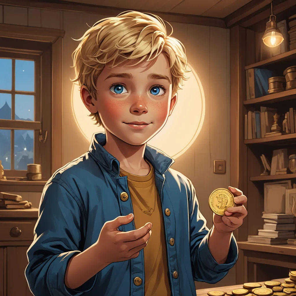 a boy holding a coin in a room with a window and a shelf full of books and bookshelves, fantasy art, a storybook illustration, Aaron Jasinski, rossdraws global illumination