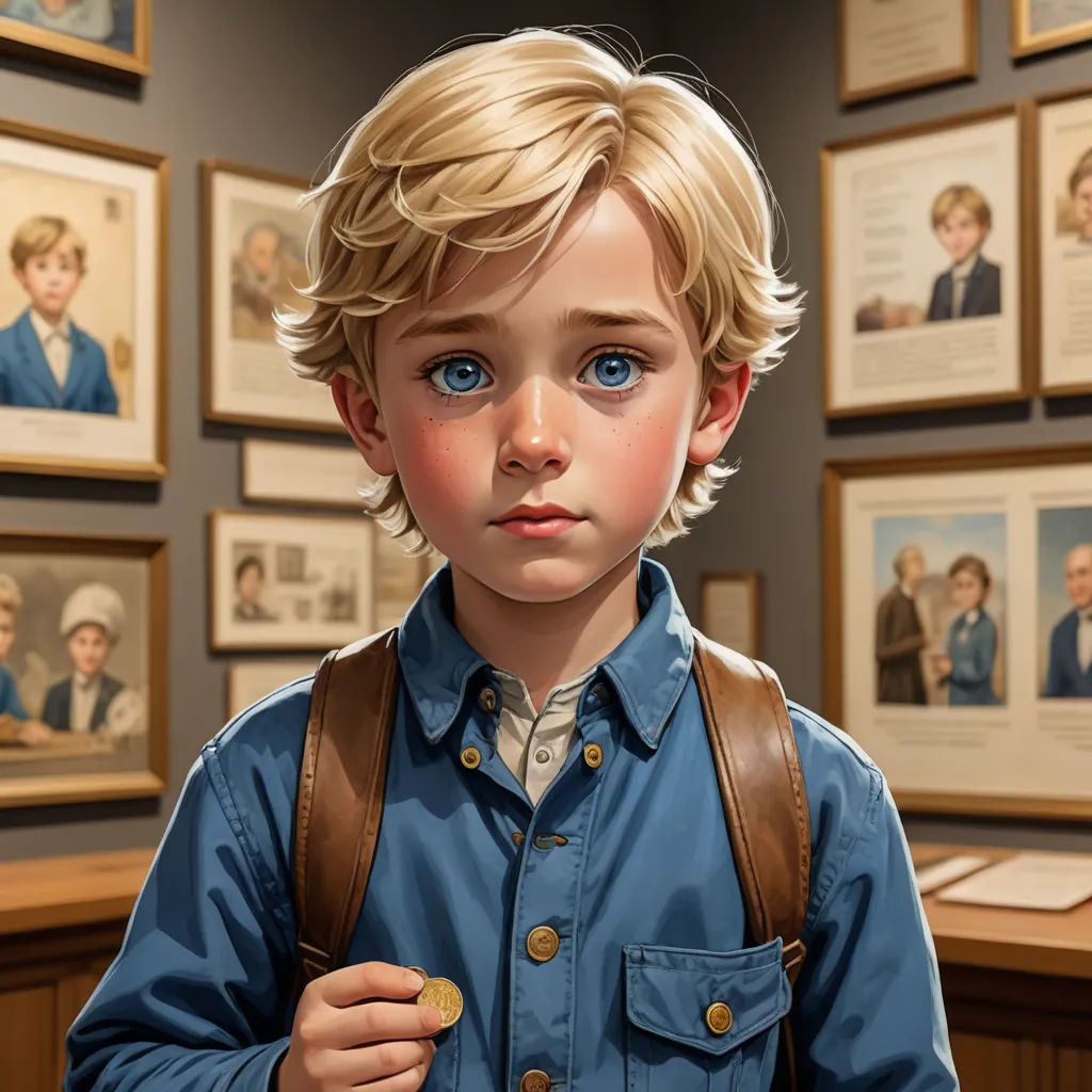 a painting of a boy with a backpack in front of a wall of framed pictures of people and a desk, photorealism, a detailed painting, Aaron Jasinski, trending on art station
