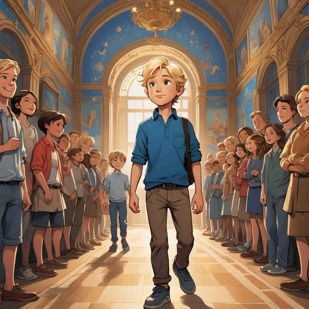 a man is walking through a crowd of people in a building with a blue ceiling and a blue ceiling, paris school, a storybook illustration, Brothers Hildebrandt, official art