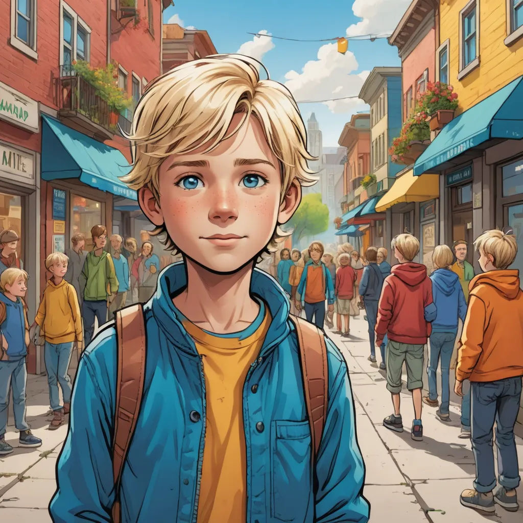 a boy in a blue jacket is standing in front of a crowd of people on a city street with buildings, photorealism, a comic book panel, Cedric Seaut (Keos Masons), graphic novel