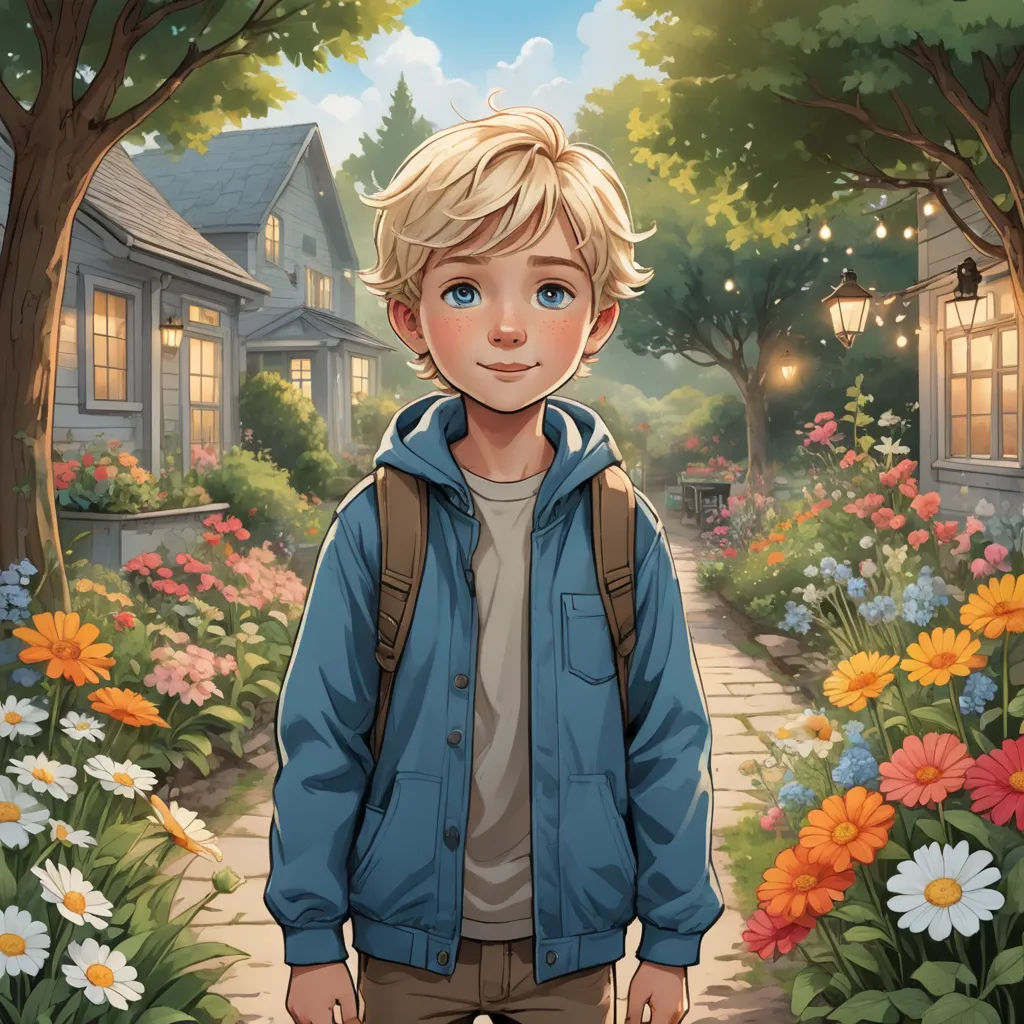 a boy standing in a garden with flowers and a house in the background with a light on his head, photorealism, a storybook illustration, Cliff Childs, kinkade