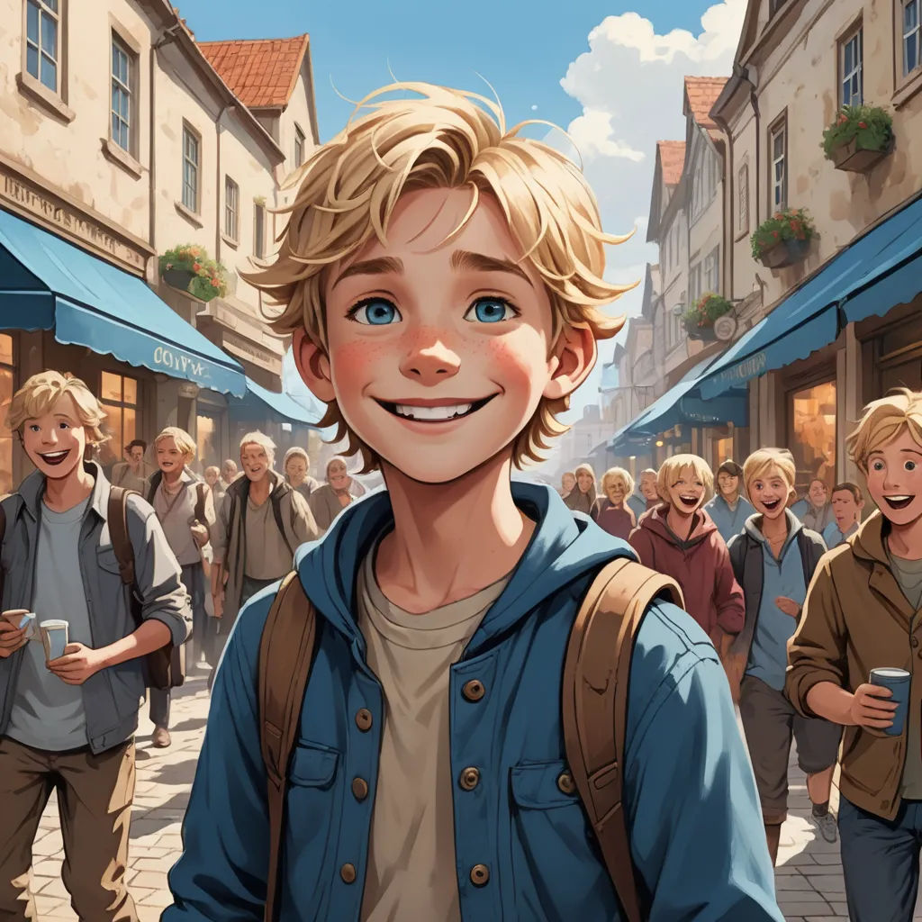 a boy with a backpack is smiling in front of a crowd of people on a street with buildings and a blue awning, magical realism, a comic book panel, Cliff Childs, kinkade