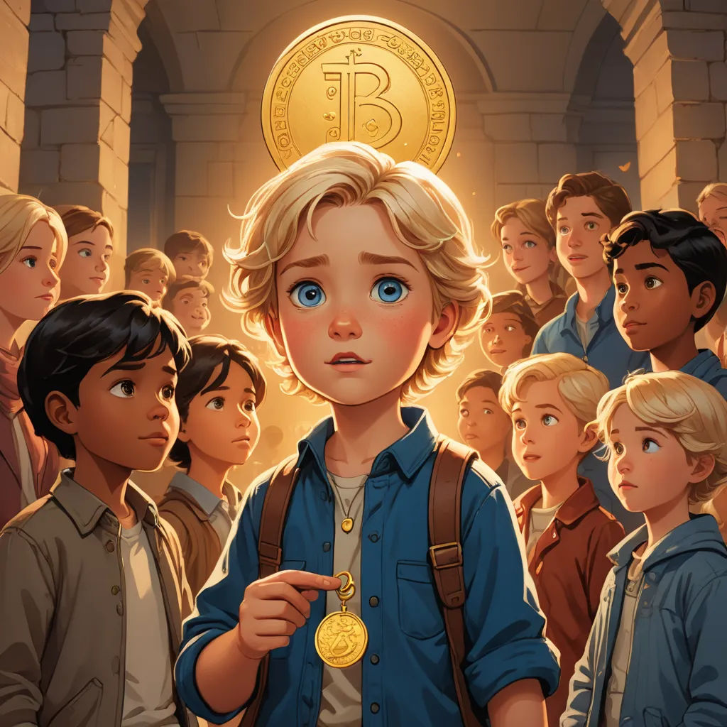 a boy with a coin in his hand standing in front of a crowd of people with a bit coin on his head, symbolism, a storybook illustration, Aaron Jasinski, official art