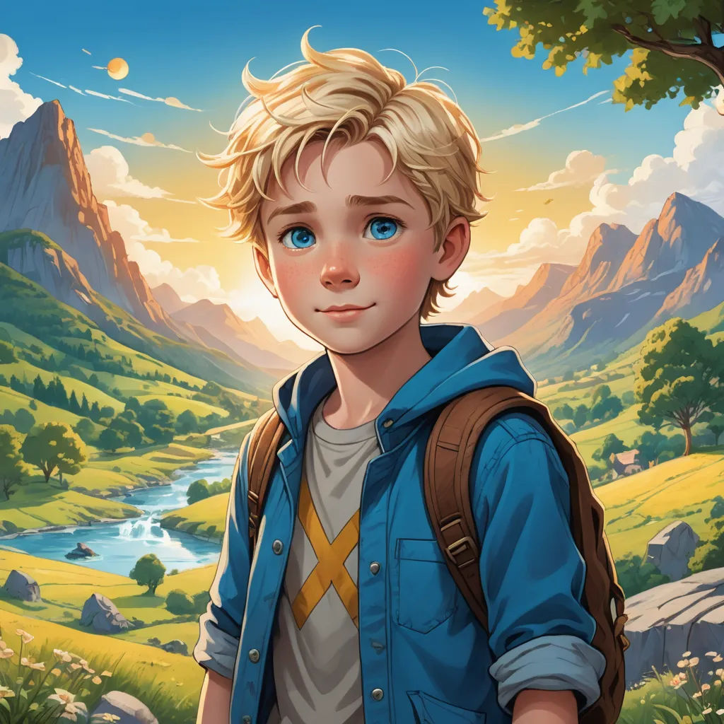 a boy with a backpack standing in front of a mountain landscape with a river and mountains in the background, fantasy art, a character portrait, Aaron Jasinski, rossdraws global illumination