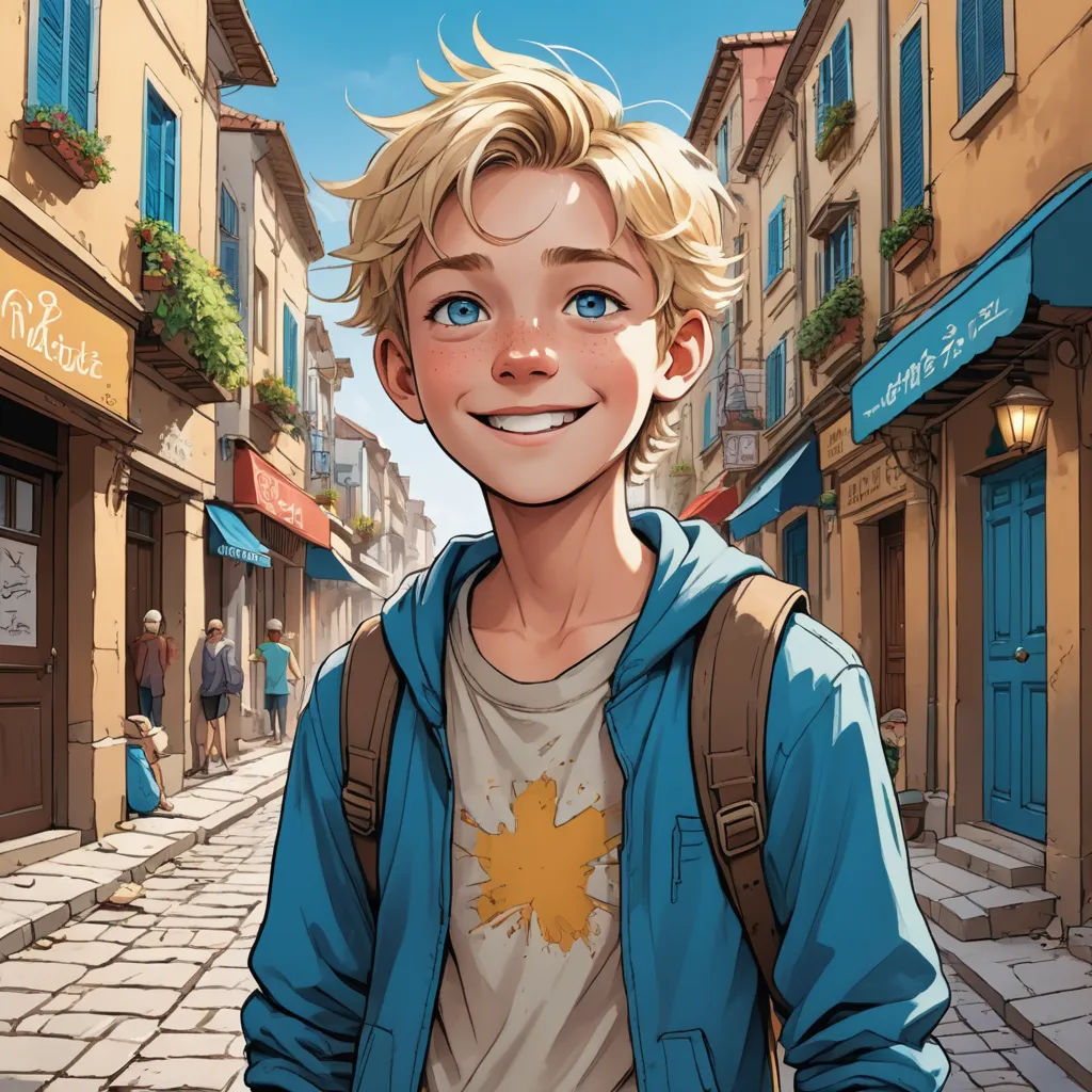 a boy with a backpack on a street with buildings and people in the background and a blue sky above, photorealism, a comic book panel, Cedric Seaut (Keos Masons), rossdraws global illumination