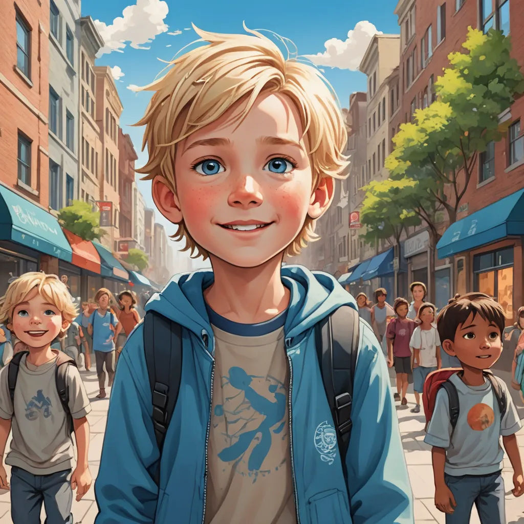 a boy in a blue jacket is standing in front of a group of children on a city street with buildings, photorealism, a storybook illustration, Aaron Jasinski, rossdraws global illumination
