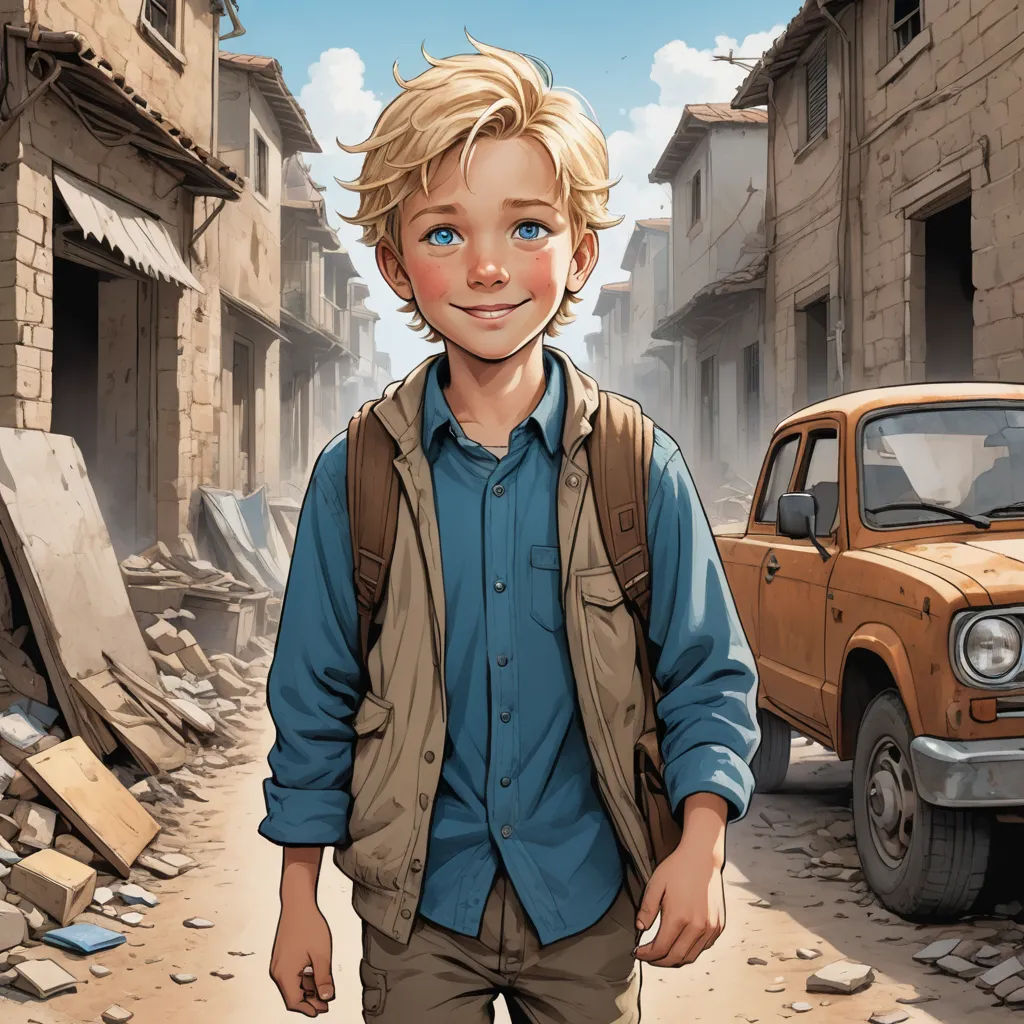 a boy in a blue shirt and brown vest standing in front of a truck in a dirty street with rubble, hyperrealism, a comic book panel, Cliff Childs, graphic novel