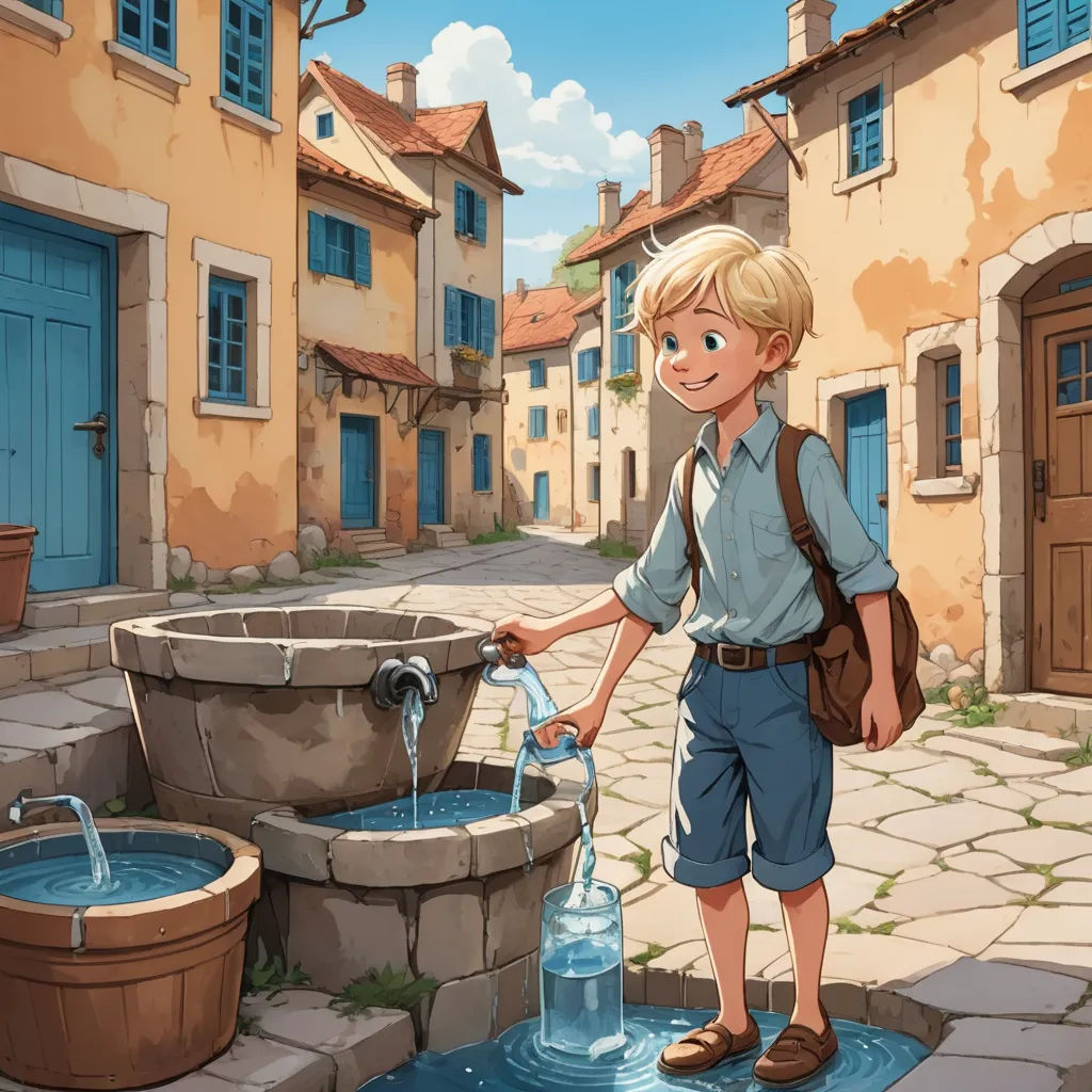 a boy is standing in front of a water fountain with a bucket of water in front of him and a bucket of water in front of him, plein air, a storybook illustration, Cedric Seaut (Keos Masons), storybook illustration