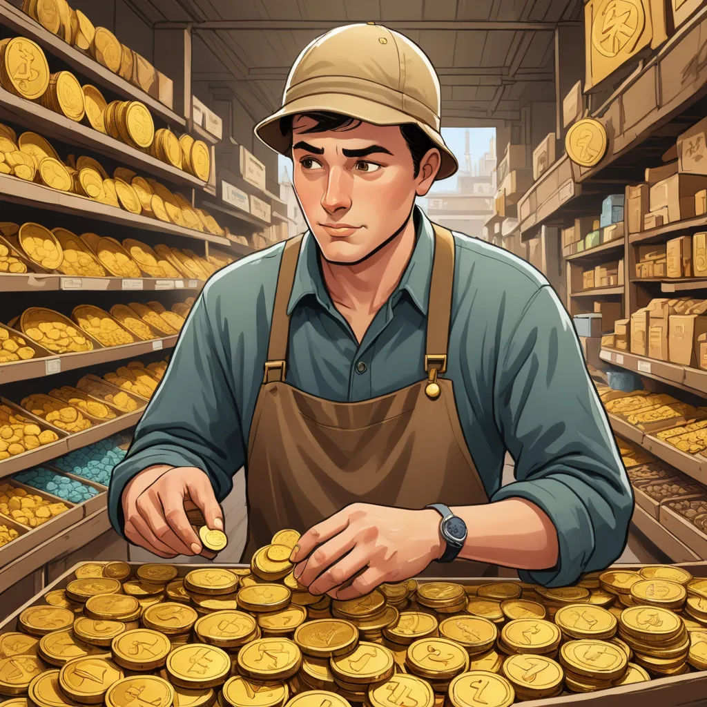 a man in a hat is looking at a tray of gold coins in a store aisle with shelves of gold coins, sots art, a character portrait, Cedric Seaut (Keos Masons), game art