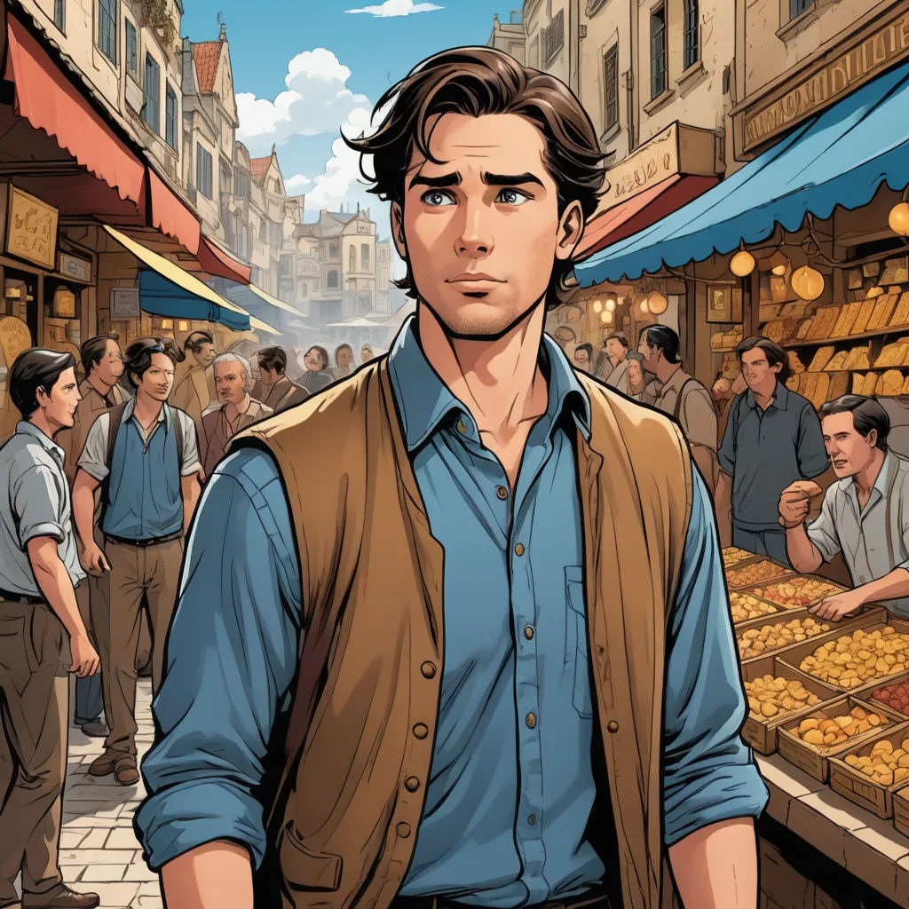a man standing in front of a market filled with people and a lot of oranges on display in front of him, new objectivity, a comic book panel, Diego Gisbert Llorens, kinkade