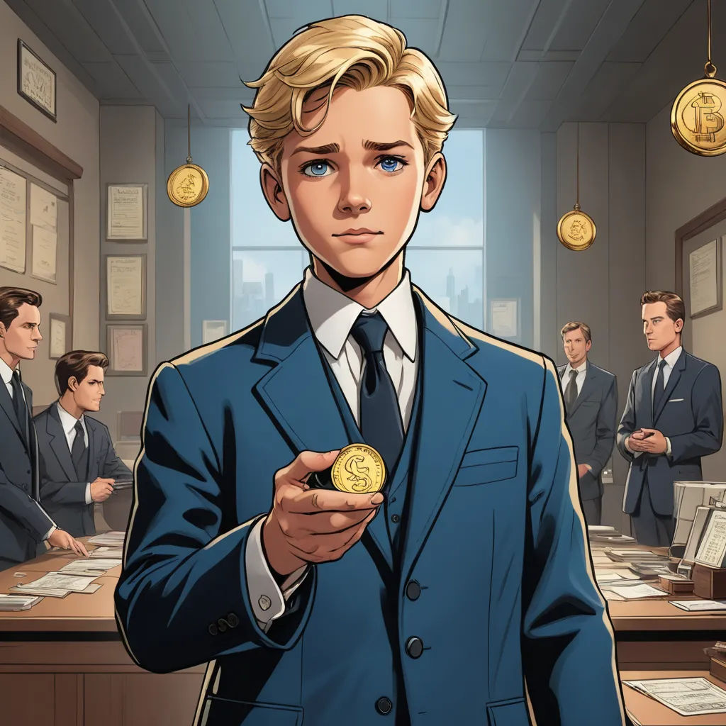 a man in a suit holding a coin in front of a group of people in suits and ties in a room, sots art, a character portrait, Everett Warner, official art