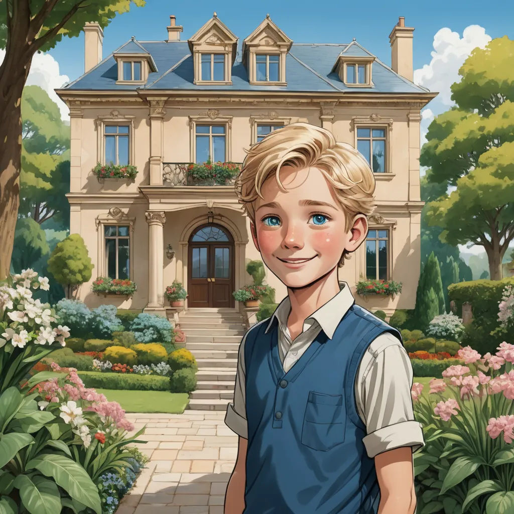 a boy standing in front of a house with a garden and flowers around him and a tree in front of him, paris school, a storybook illustration, Aaron Jasinski, kinkade