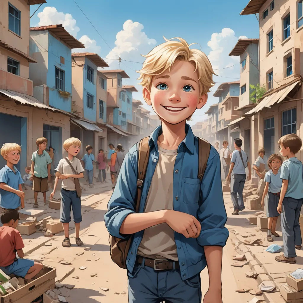 a boy standing in a street with a group of children in the background and a building with a door, magical realism, a storybook illustration, Cliff Childs, rossdraws global illumination