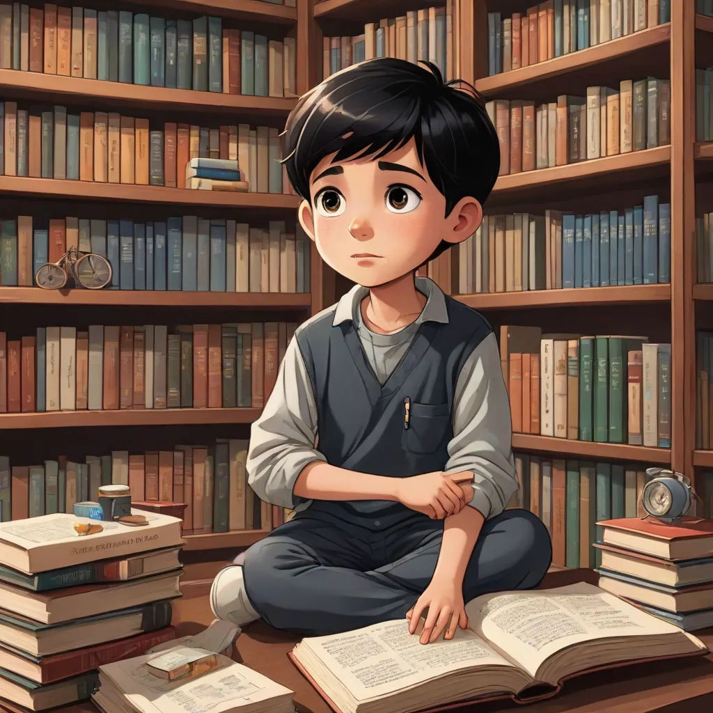 a boy sitting on a table in front of a book shelf filled with books and a clock on top of it, Diego Gisbert Llorens, fantasy art, a storybook illustration, storybook illustration