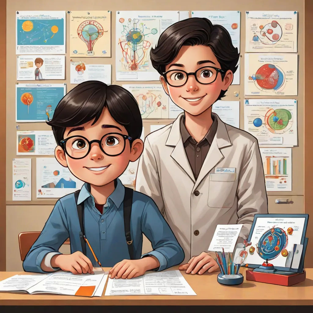 a boy and a boy in a science lab with a book and a pencil in front of them and a poster behind them, Diego Gisbert Llorens, lyco art, a storybook illustration, official art