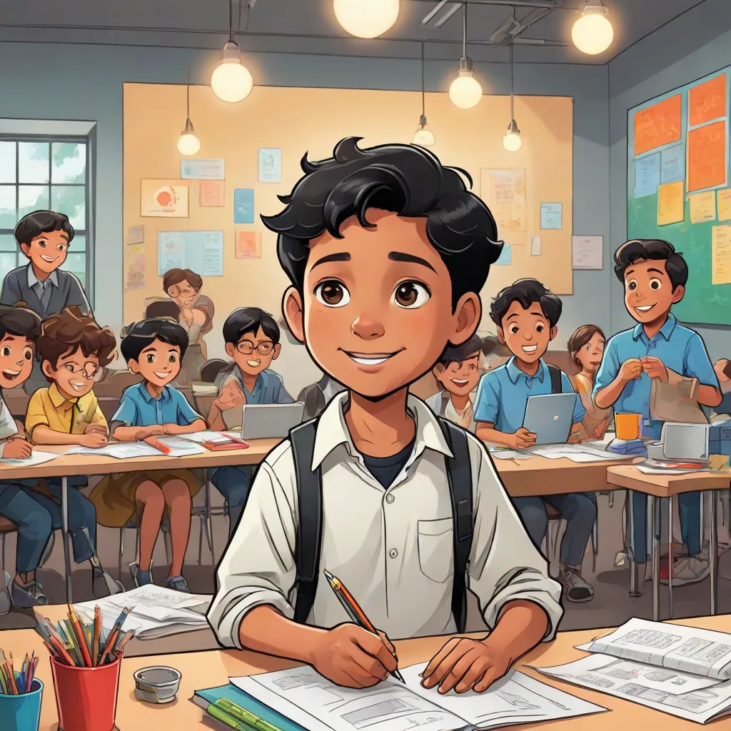 a boy is sitting at a desk in front of a class of students with a pencil and paper in his hand, Eddie Mendoza, academic art, a comic book panel, official art