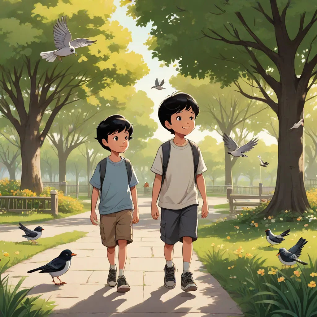 two children walking down a path with birds flying around them and a park in the background with trees and flowers, Brothers Hildebrandt, american scene painting, a storybook illustration, official art