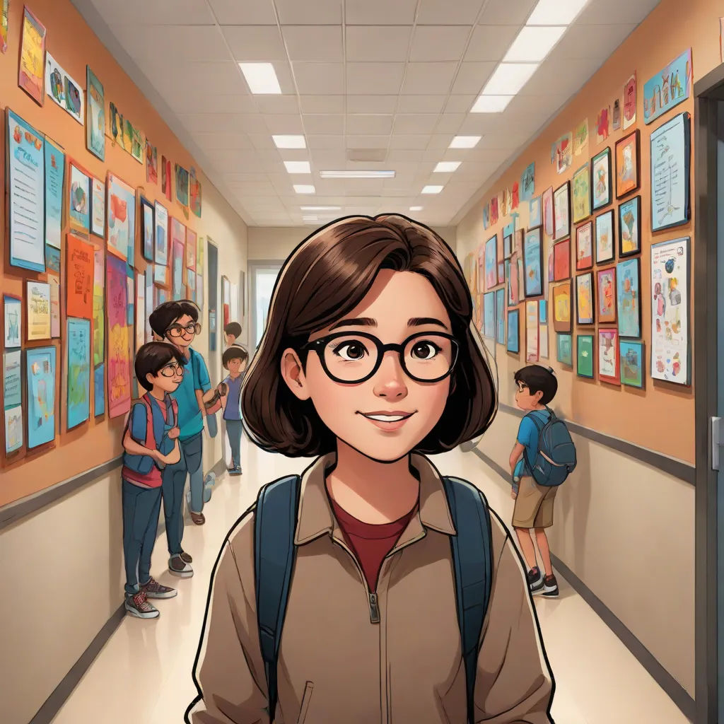 a cartoon of a woman with glasses standing in a hallway with children in the background and a wall with posters on it, Ada Gladys Killins, american scene painting, a comic book panel, graphic novel