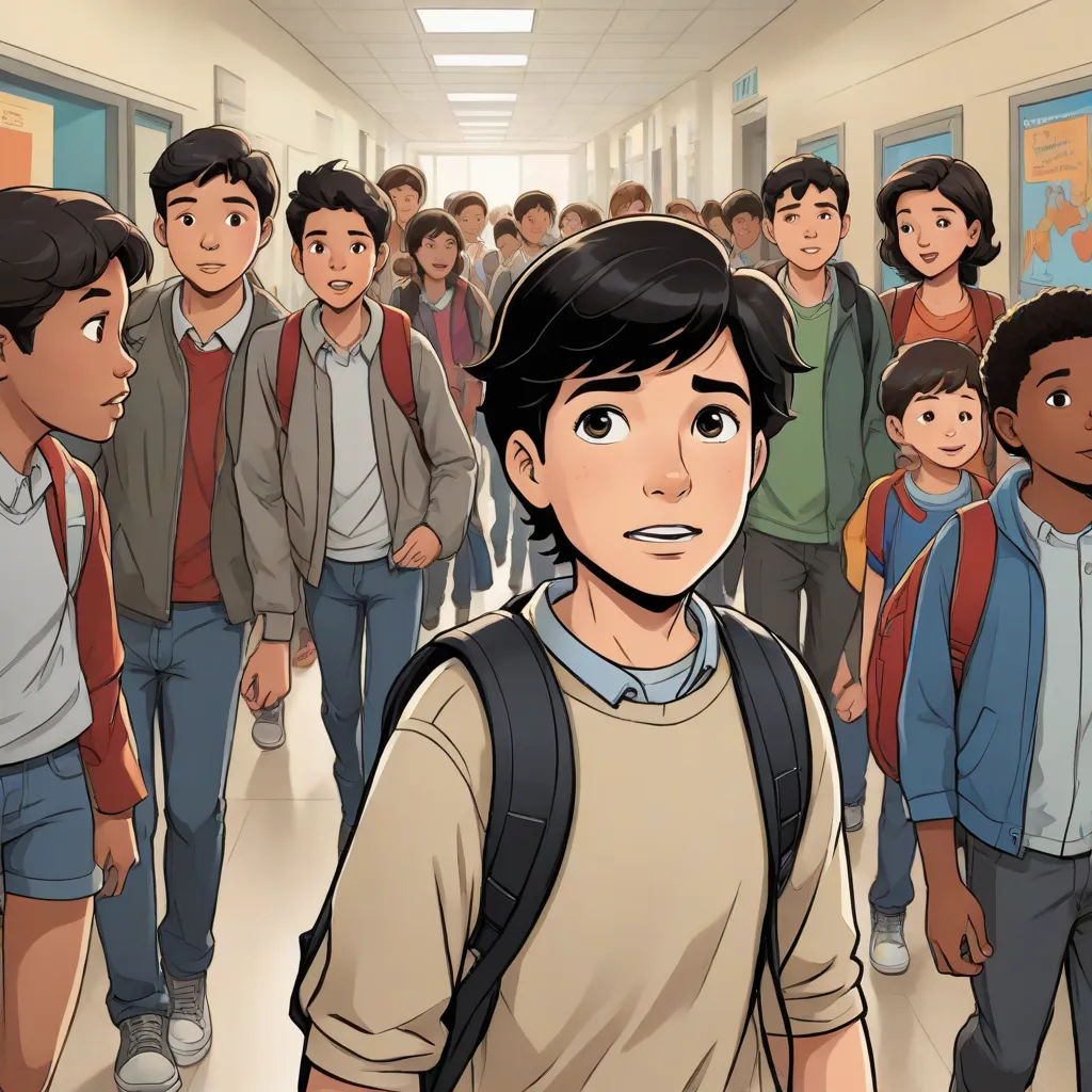 a cartoon of a boy in a school hallway surrounded by other school children and a teacher in the hallway, Asaf Hanuka, vancouver school, a comic book panel, graphic novel