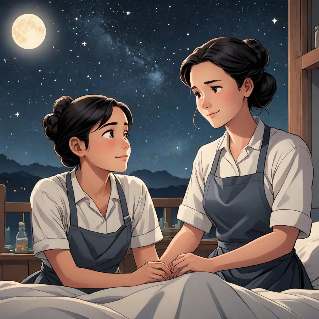 a woman sitting next to a woman in a bed under a night sky with stars and a full moon, Cui Bai, neo-romanticism, a storybook illustration, official art