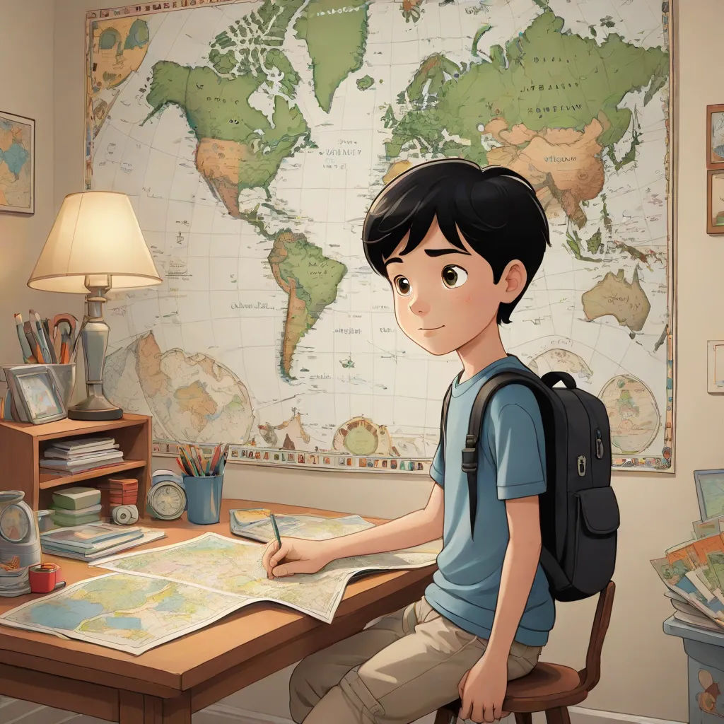 a boy sitting at a desk with a backpack on his back and a map on the wall behind him, Cliff Childs, photorealism, a storybook illustration, cgstudio