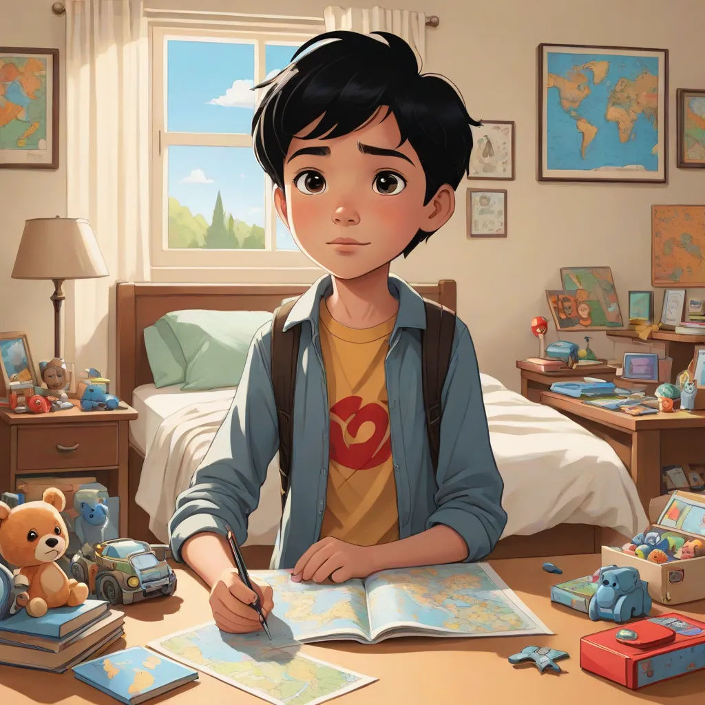 a boy sitting at a desk with a book and a teddy bear in front of him and a map, Alejandro Burdisio, photorealism, a storybook illustration, rossdraws global illumination