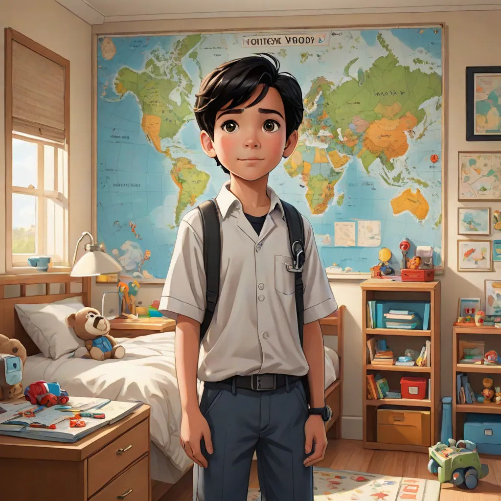 a boy in a bedroom with a map on the wall and a bed in the background with a backpack on his shoulder, Alejandro Burdisio, photorealism, a character portrait, rossdraws global illumination