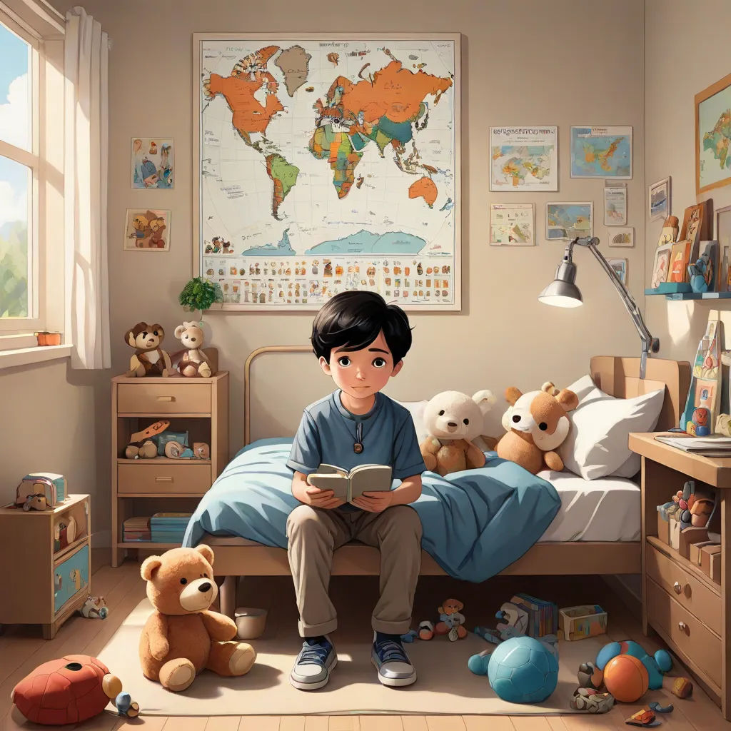 a boy sitting on a bed reading a book in a bedroom with teddy bears and a map on the wall, Chris LaBrooy, photorealism, a storybook illustration, rossdraws global illumination