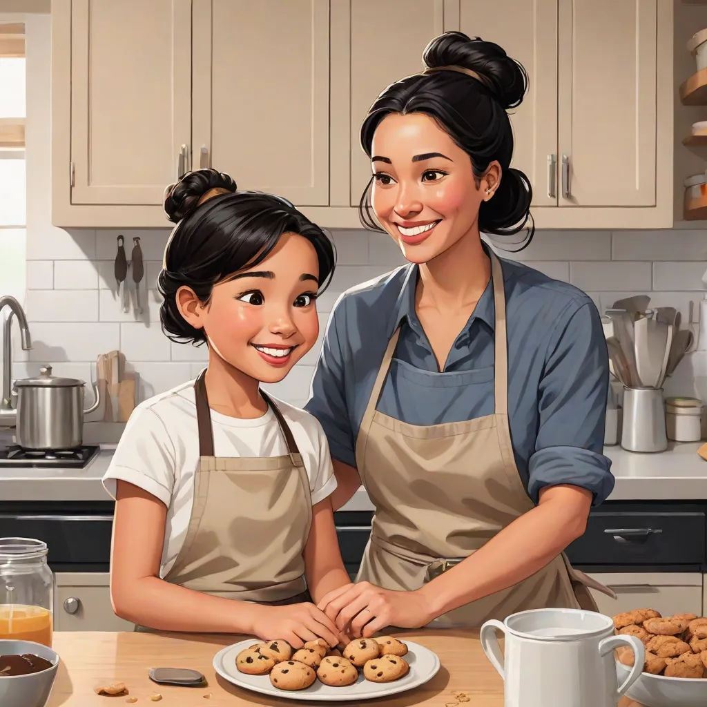 a painting of two women in the kitchen making cookies together and smiling at the camera, with a plate of cookies on the counter, Evgeny Lushpin, american scene painting, a storybook illustration, ultra realistic illustration