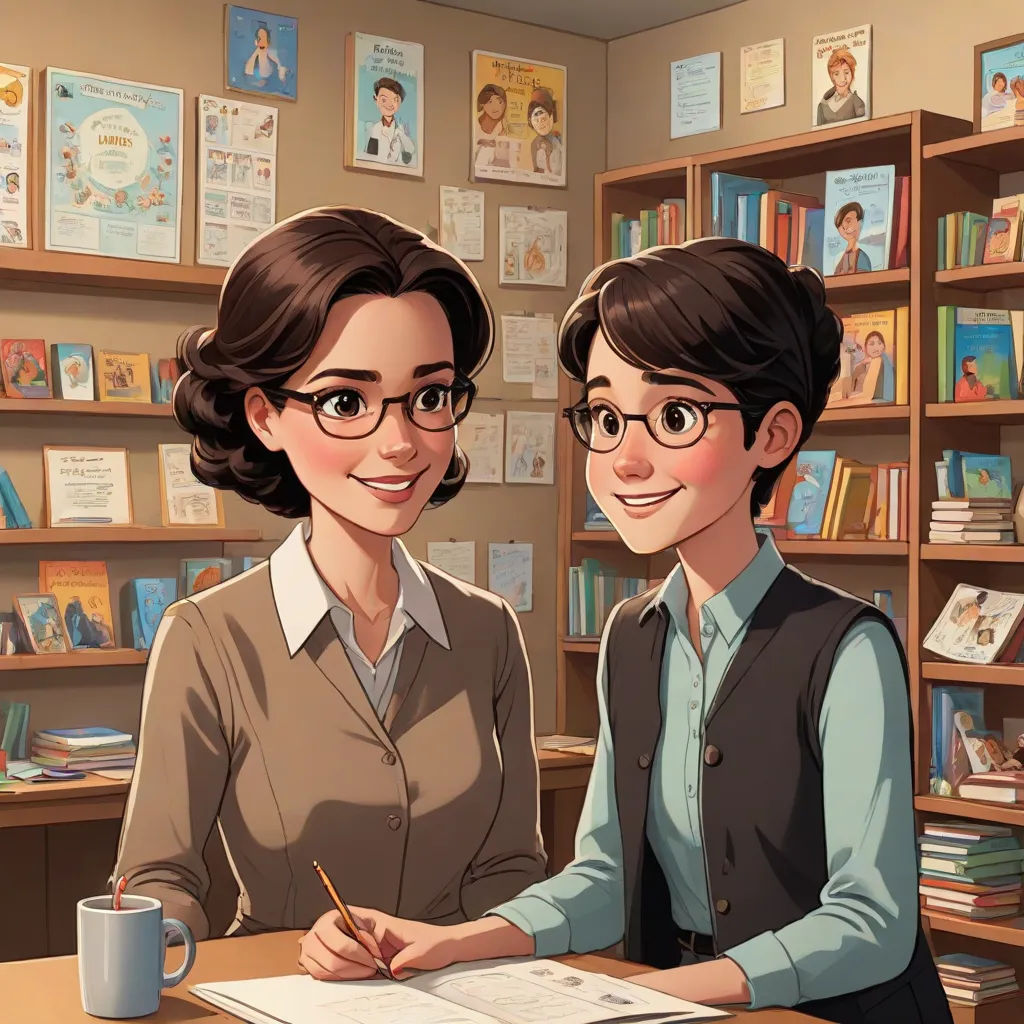 a woman sitting at a desk with a boy in front of her and a bookcase full of books, Ada Gladys Killins, remodernism, a storybook illustration, official art